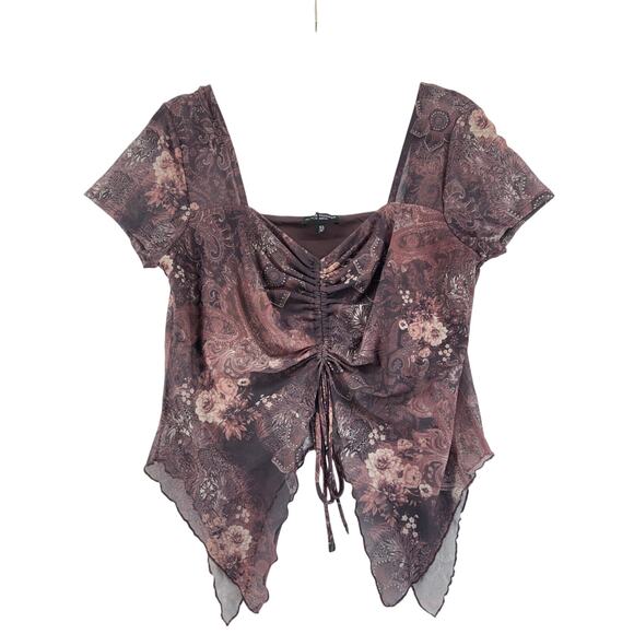 Mixed Threads Tops - Y2K fairycore Paisley Floral Mesh Handkerchief Top Boho XL Ruched Front
